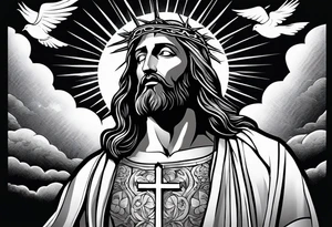 Jesus standing looking down with clouds, sunshine and a dove in the background on the upper arm tattoo idea