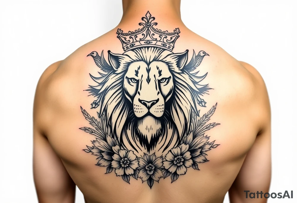 powerful majestic lion with a crown, surrounded by floral ornaments and birds tattoo idea