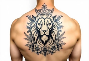 powerful majestic lion with a crown, surrounded by floral ornaments and birds tattoo idea