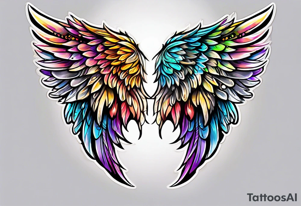 beautiful intricate colorful new school angel wings, tattoo idea