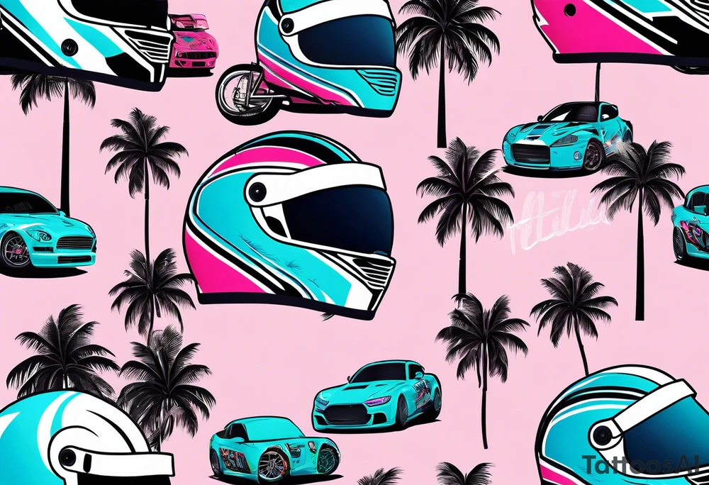 Formula 1 helment with the Miami name a palm tree and light blue black and pink colors tattoo idea