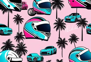 Formula 1 helment with the Miami name a palm tree and light blue black and pink colors tattoo idea