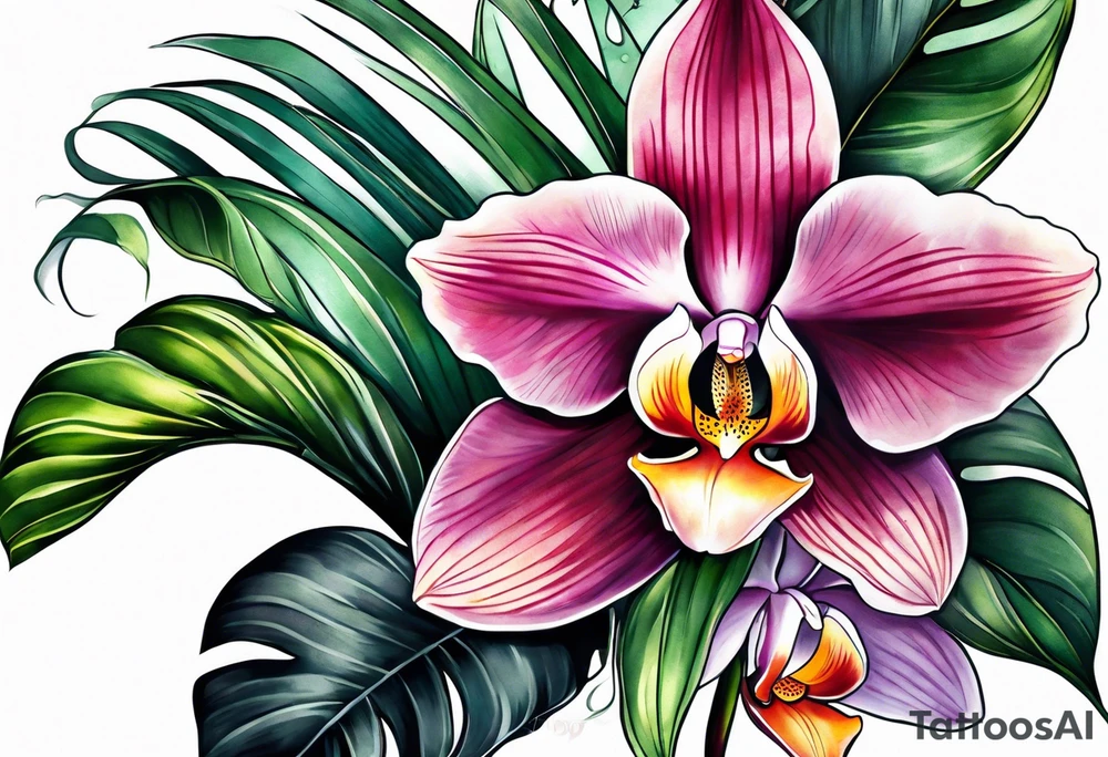 Tropical plants and orchids sleeve tattoo idea