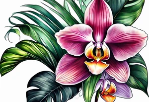 Tropical plants and orchids sleeve tattoo idea