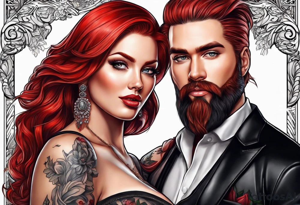 Busty red haired woman with a bearded man who has black hair tattoo idea
