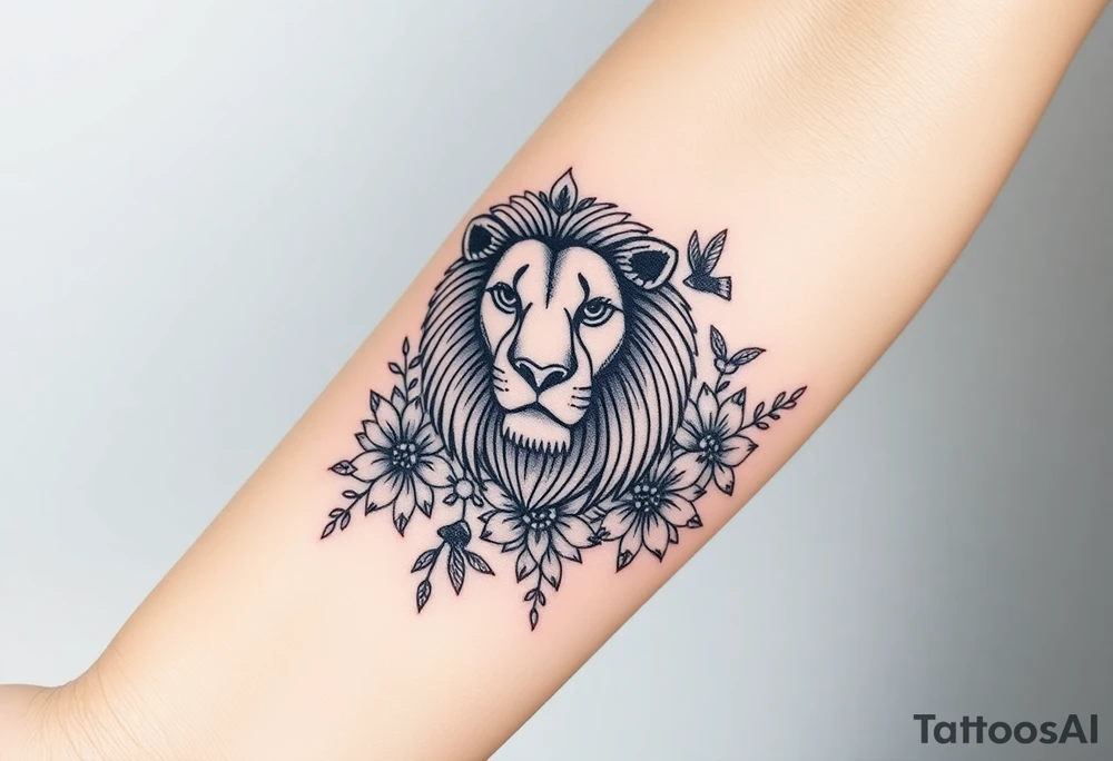 powerful majestic lion with a crown, surrounded by floral ornaments and birds tattoo idea