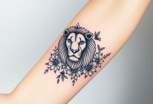 powerful majestic lion with a crown, surrounded by floral ornaments and birds tattoo idea