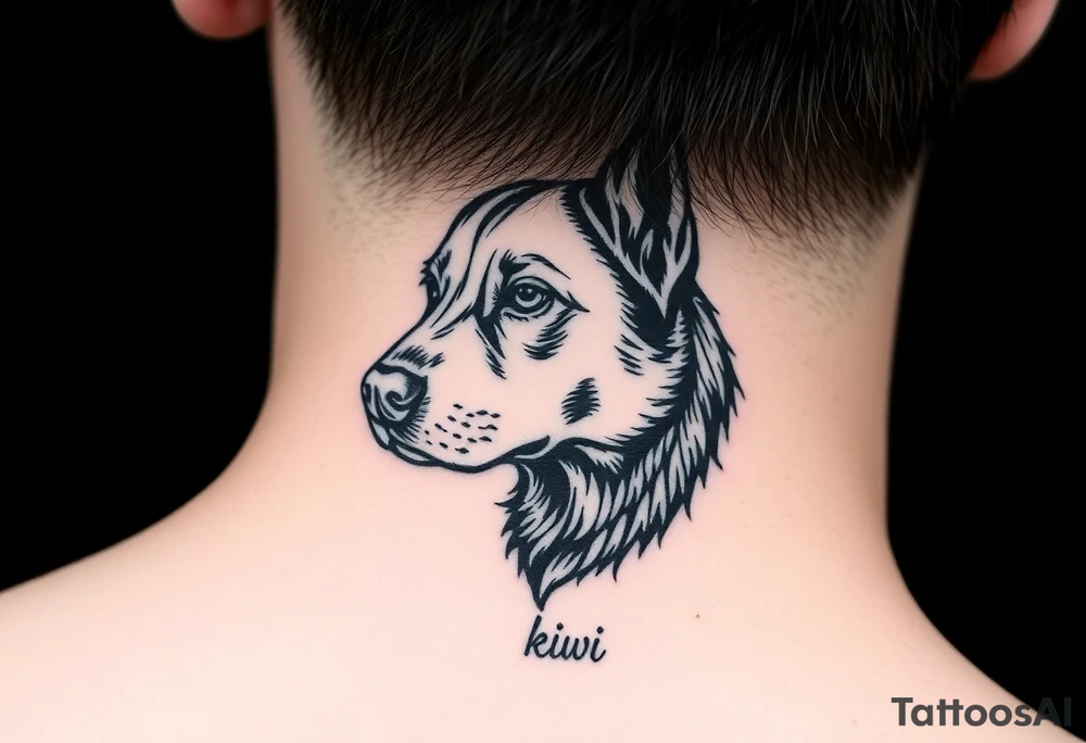 One lined black ink art . Of dog/Aquarius elegant portrait. With the name Kiwi tattoo idea