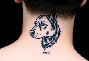 One lined black ink art . Of dog/Aquarius elegant portrait. With the name Kiwi tattoo idea