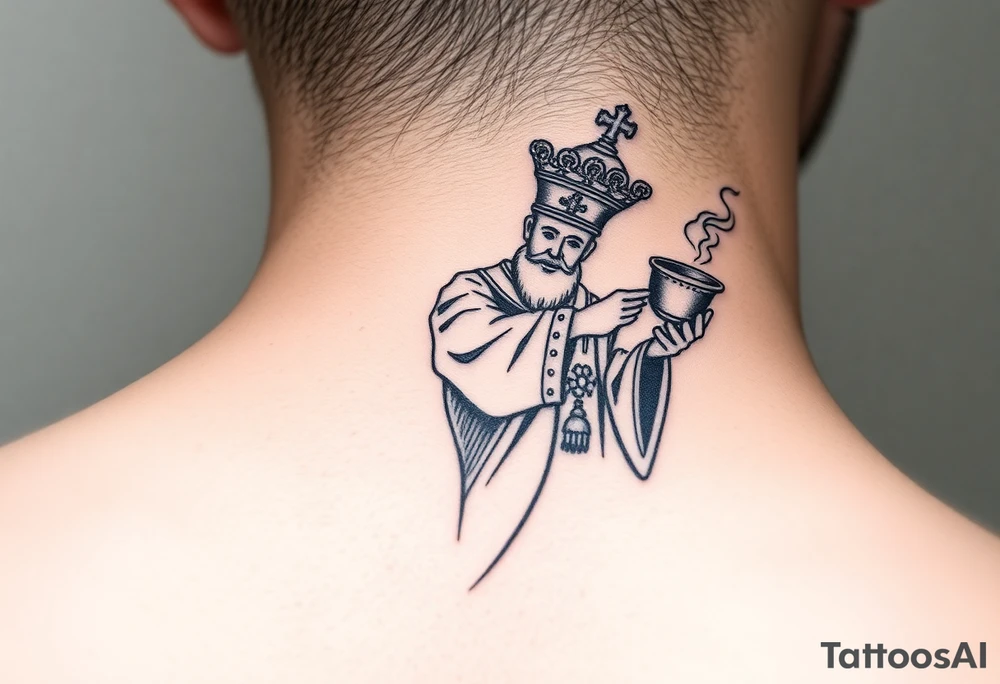 Russian Orthodox Priest in a fully detailed gold vestment swinging a censer with smoke curling upward tattoo idea