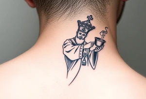 Russian Orthodox Priest in a fully detailed gold vestment swinging a censer with smoke curling upward tattoo idea