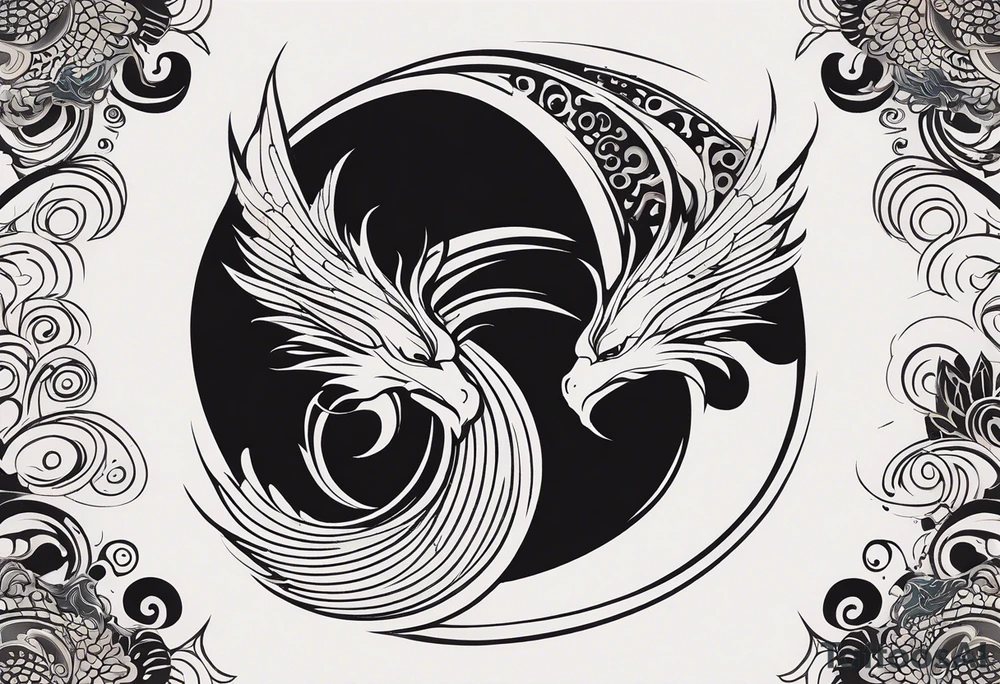 For a Gen Z-inspired dragon and phoenix tattoo, think of a clean, minimalist design that combines symbolism with bold, sleek lines. Imagine a dragon and phoenix spiraling together in a yin-yang-inspired layout. The dragon has a slightly abstract, modern shape, with sharp, flowing lines to show power, resilience, and wisdom, while the phoenix is rendered with sweeping curves and minimal detailing, symbolizing rebirth, growth, and transformation.

Both creatures should interact in a harmonious way, representing balance and duality. To keep it meaningful, focus on line work rather than intricate shading—clear, open spaces allow the tattoo to feel light and energetic. Adding small symbols, like stars or a faint galaxy backdrop, can enhance the "rising from ashes" and "strength through challenge" themes. This design will appeal timelessly while resonating with Gen Z’s love for symbolism and simplicity. tattoo idea