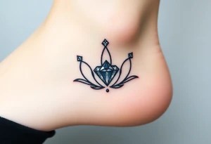 crown with a diamond-shaped gem in the center, rendered in simple black outlines with subtle metallic touches of silver and diamond-like glimmers tattoo idea