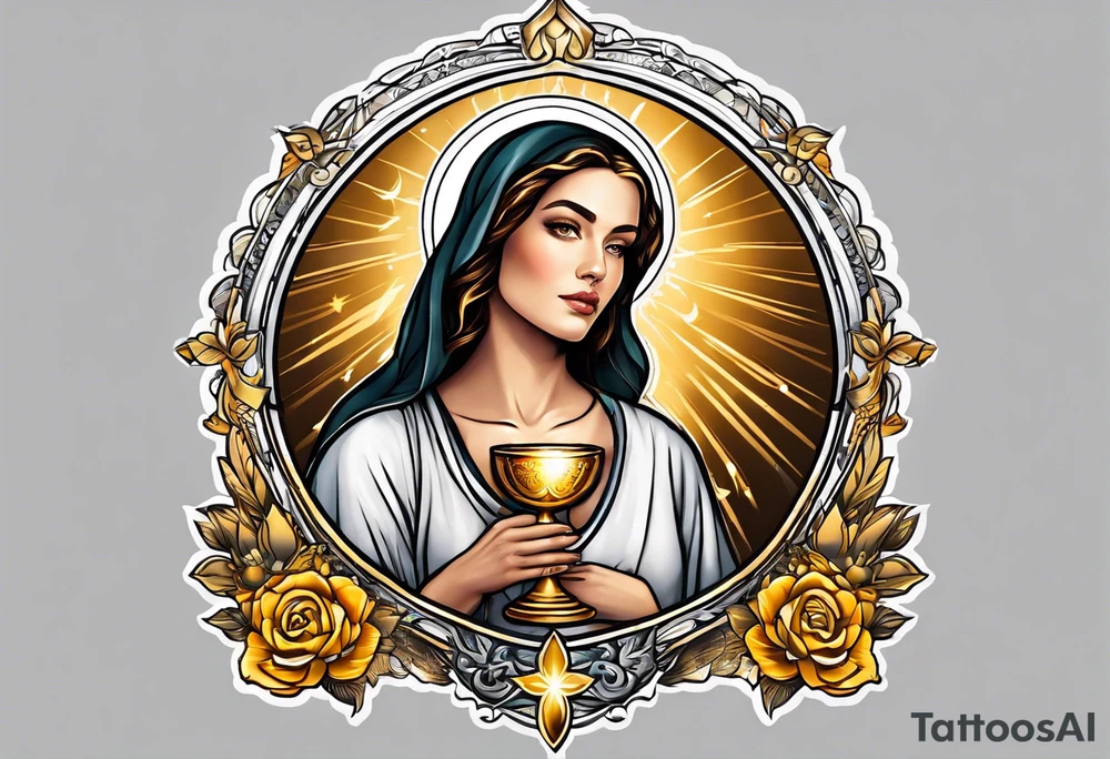 woman saint holding chalice surrounded by golden halo portrait tattoo idea