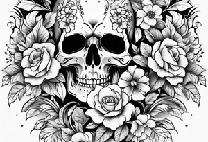 Upper arm sleeve skulls and flowers tattoo idea