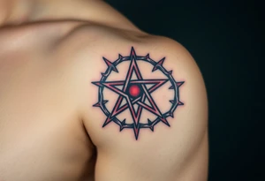 A pentagram surrounded by thorns, with deep reds and blacks, representing occult power and mystery tattoo idea