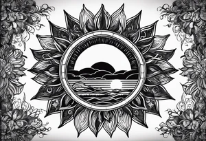 Draw a realistic sun tattoo above my chest (male).
Let there be something flowing, optimistic, in a black color that is not too strong. tattoo idea