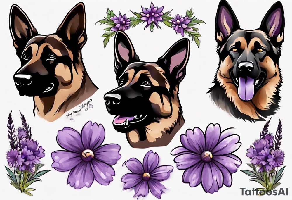 Dark brown, German shepherd with purple daisies tattoo idea