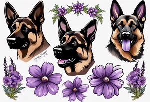Dark brown, German shepherd with purple daisies tattoo idea