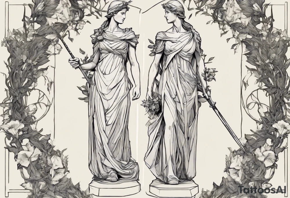 **Design Concept: Athena's Garden**

*Central Focus:*
- Place a small, delicately detailed Athena historic statue with a shield and sword
*Surrounding Elements:*
- Intertwine the statue with vines that gracefully flow outwards, connecting seamlessly with Vincent van Gogh's Irises tattoo.

*Geometric Accents:*
- Incorporate geometric shapes around the shield and vines, creating a structured and visually appealing framework. The shapes could represent elements like knowledge, strength, and protection associated with Athena.

*Athena's Symbols:*
- Include Athena's spear and olive branch as smaller elements within the vine design. They can be strategically placed to enhance the overall balance and symbolism.

*Van Gogh's Irises:*
- Integrate the irises into the vine design, allowing them to gracefully intertwine. Pay attention to the delicate details of the irises, ensuring they complement the overall aesthetic.

 Consider earthy greens for the vines complemented by subtle purples and blues for the irises.

*Placement:*
- Given the detailed and intricate nature of the design, the upper chest provides a suitable canvas for the tattoo. Ensure the design is scaled appropriately to fit the chosen placement. tattoo idea