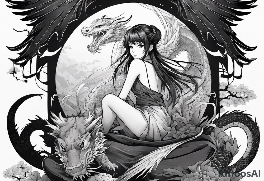 a full shot of an anime girl seen from far, sitting on a ball and surrounded by asian dragon with wings tattoo idea