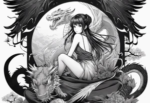 a full shot of an anime girl seen from far, sitting on a ball and surrounded by asian dragon with wings tattoo idea