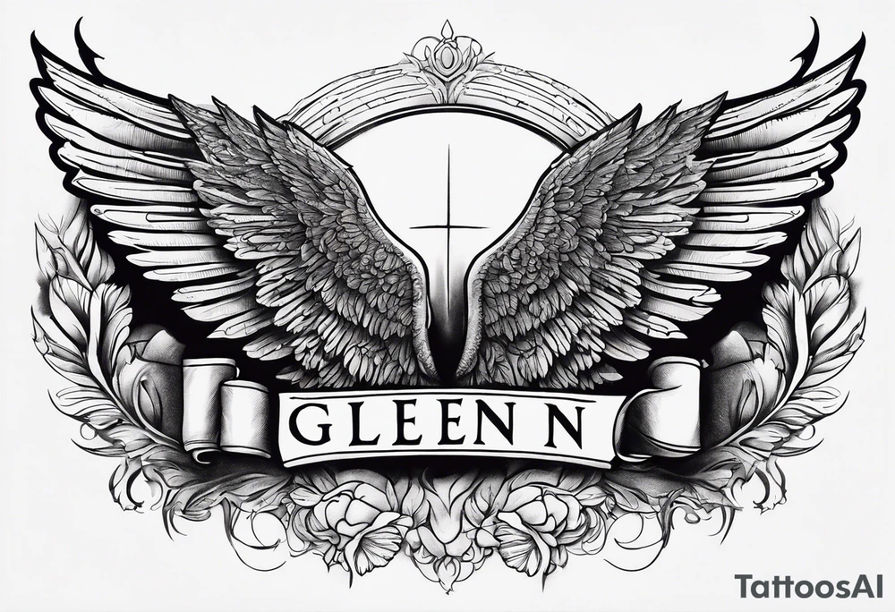 A simple tattoo with the word Glenn on a banner with angel Wings tattoo idea