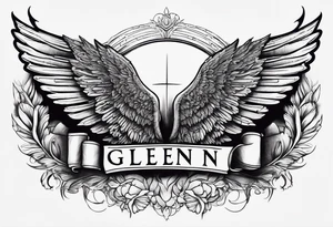 A simple tattoo with the word Glenn on a banner with angel Wings tattoo idea