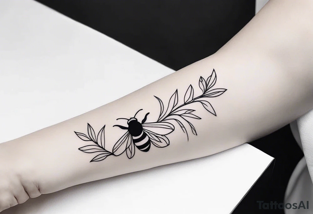 Arm wrap floral dainty soft leaves with bee tattoo idea