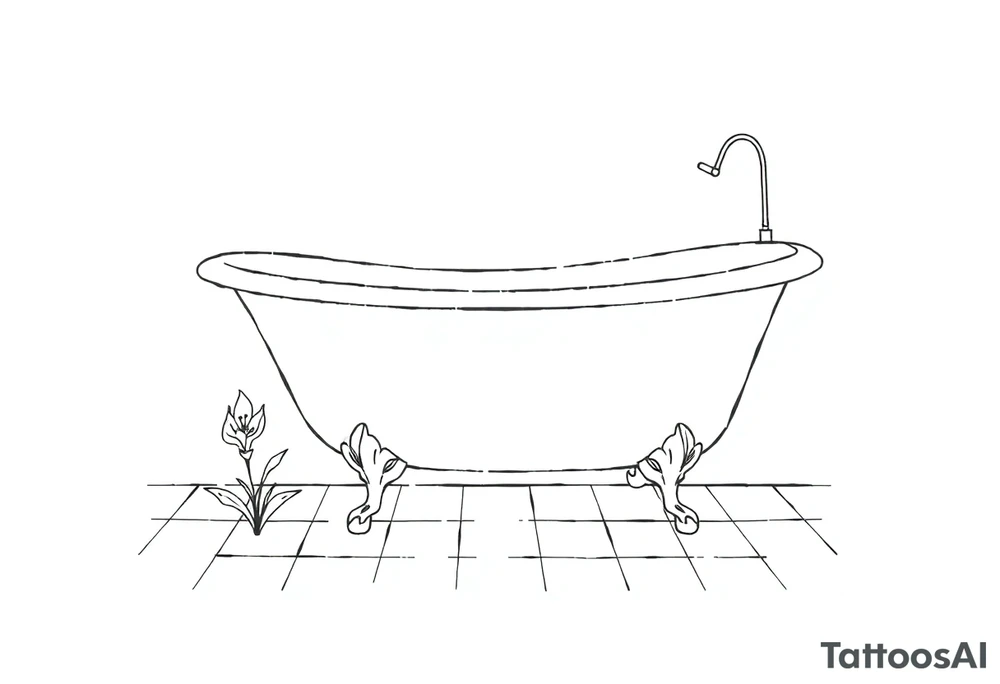 Clawfoot bathtub with lily coming up from tile floor tattoo idea