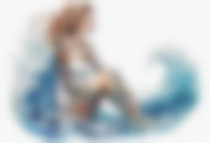 a tall transparent woman made of glass covered with water, sitting upon a wave tattoo idea