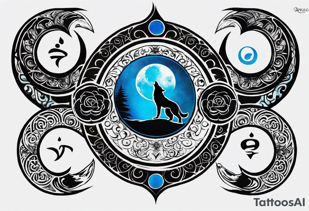 a tattoo whose main theme is balance but also resembles new begining, strong willpower, peace and loyalty. This should be for the front part of the shoulder. maybe add the ying-yang symbol somewhere in the tattoo. Tattoo should have an equal amount of blue and red along with the overall tattoo being black. In corporate a wolf into the tattoo, make sure it resembles ing and yang. wolf needs to look dangerous tattoo idea