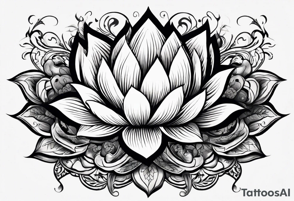Make a strong looking combination of a lotus flower, stone, a science helix and a Greek delta that will take up the upper left portion of my back. you will in addition to the lotus’s leaves a rocky area to symbolize strength, a helix to symbolize resiliency and a Greek delta to symbolize transformation. The tattoo should overall represent resiliency and strength and present a strong, firm foundation that displays strength in the face of trauma. Make sure to also be able to identify the rock, the helix and the delta symbol separately and not mixed together as each element is important tattoo idea