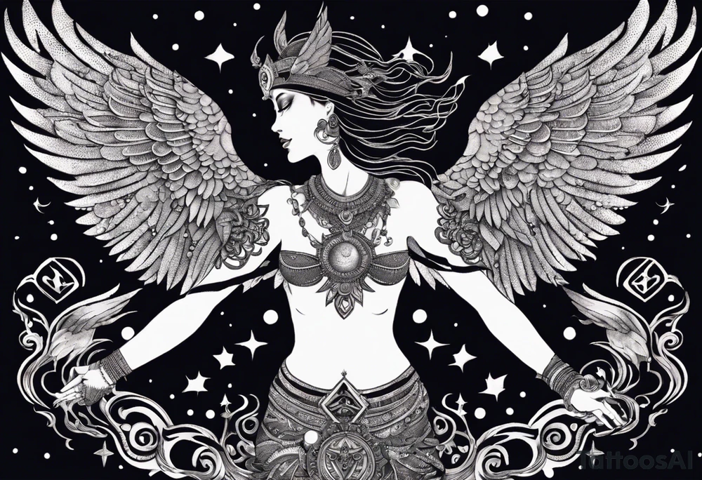 black kali, goddess pirate, alien, angel, pachamama, valkrye, warrior, flying, skull, lotus azul, wing, eagle, zenza resonance, stars, 5D, anahata chakra, death, durga, riding on a tiger, flying lady, chest tatoo tattoo idea