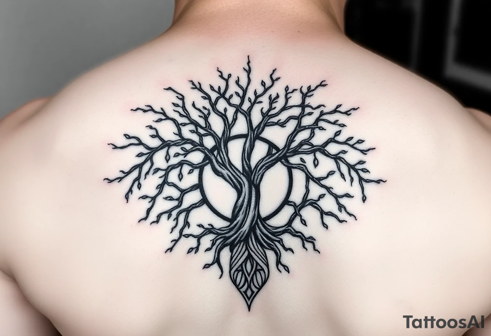yggadrisl tree of life with circle. Jai , Phoebe, Imogen, Matilda in the circle tattoo idea