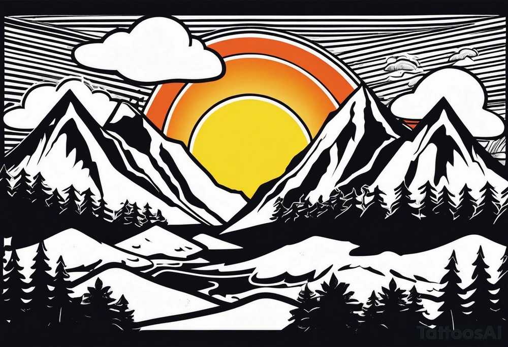 Mountains and in the mountains is a sun with sunbeams that comes out on the mountains from the mountains a river runs down tattoo idea