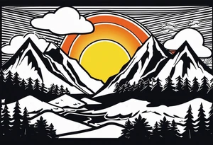 Mountains and in the mountains is a sun with sunbeams that comes out on the mountains from the mountains a river runs down tattoo idea