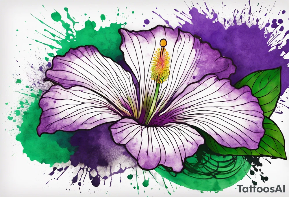 A mystical outline of a rio dipladenia flower and a green/purple watercolor splatter in the background tattoo idea