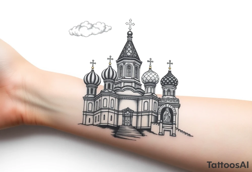 highly detailed Russian Orthodox cathedral with onion domes and orthodox crosses, done in fine line, engraving-like style. Cohesive composition, black ink only, no color, high contrast, slightly aged, documentary-style, plain light background. with clouds above it and a virgin mary over looking tattoo idea