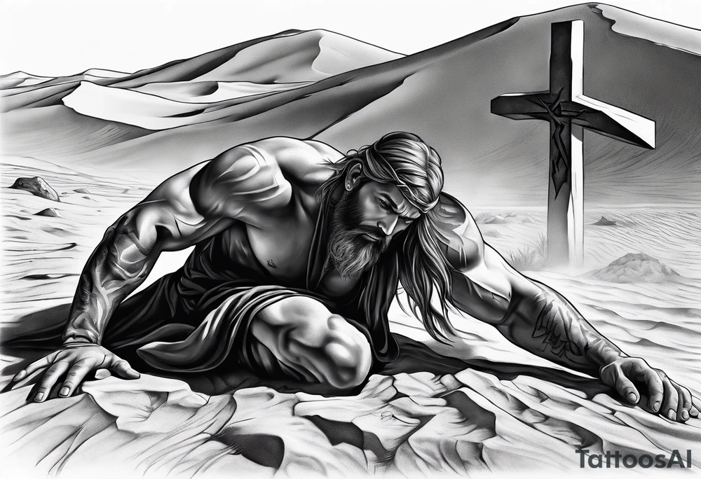 man crawling in a desert reaching to the cross of Christ tattoo idea