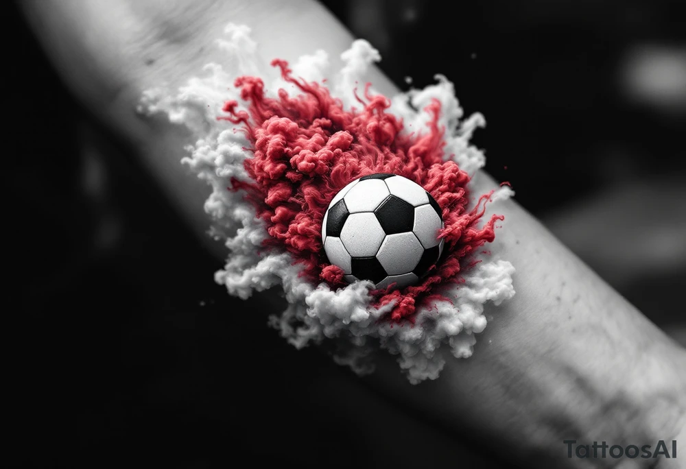 A realistic soccer ball emerging from a red and white smoke cloud shaped like the Slavia crest with czech republic emblem with "slavia" written in it. tattoo idea