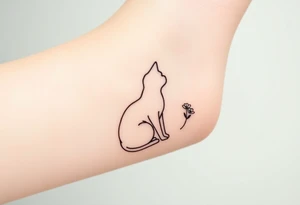 Line tattoo of a cat figure, dies not have to be complete  combining into a flower stem with a cute flower tattoo idea