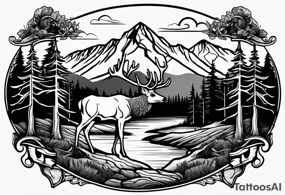 elk skull with mountains and trees
with a stream and birds overhead tattoo idea