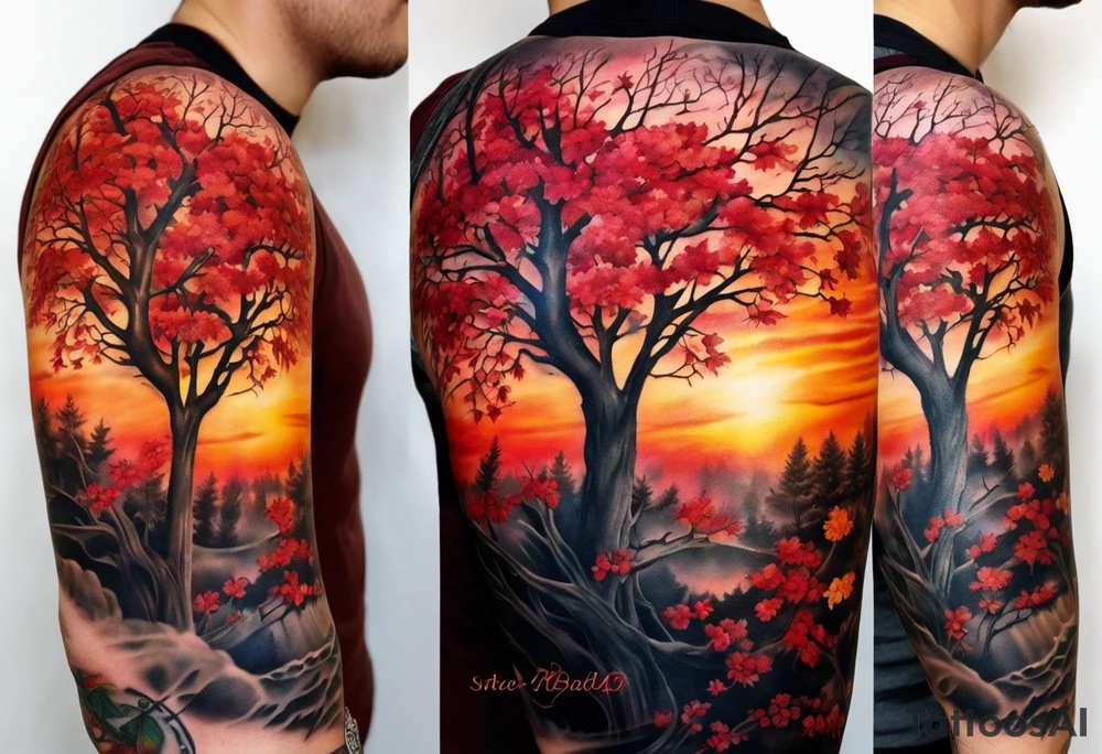 Arm tattoo. Long tattoo. Full sleeve. Shoulder. A single large maple tree with red autumn leaves that branches upwards from wrist to shoulder. White-throated dipper bird on the trees branches. Calluna flowers at the base of the trees stem. Tree stem has dark colors. Red/yellow sunset behind the trees stem. Leaves falling. tattoo idea