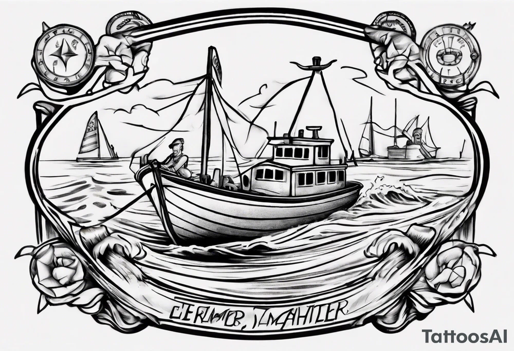 memorial tattoo for my father. include an open boat and motor with dad at the engine and a boy in the front of the boat. try to tie in other hobbies like playing cribbage, woodworking, and watching jeopardy tattoo idea