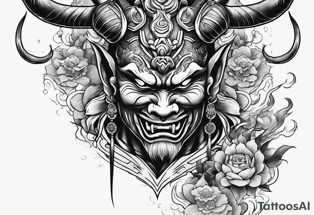 oni japanese devil with smoke around and japanese houses tattoo idea