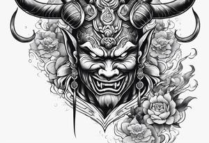 oni japanese devil with smoke around and japanese houses tattoo idea