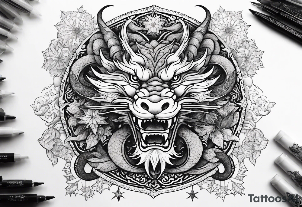 japanese dragon, celestial, cross, snowflake tattoo idea