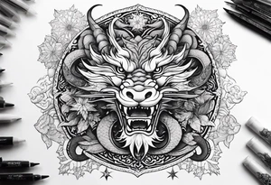 japanese dragon, celestial, cross, snowflake tattoo idea
