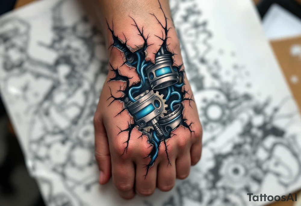 This full-hand design features torn skin revealing chrome gears and pistons with icy blue wiring. tattoo idea